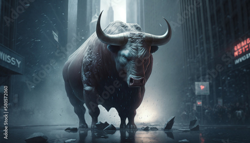 Tempestuous Crash: A Mystical Image of a Furious Bull during a Stock Market Crash © artefacti