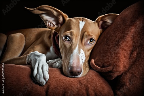 Podenco ibicenco, ibisan hunting dog greyhound. A picture of a funny looking red and brown puppy pup with sad eyes sleeping on a couch inside. Animal that lives in a home playing with a toy. Mixed dog photo