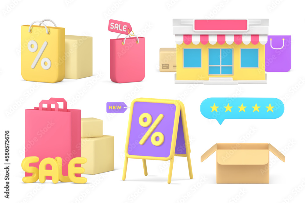 Sale discount shopping purchasing commercial service finance business promo set 3d icon vector