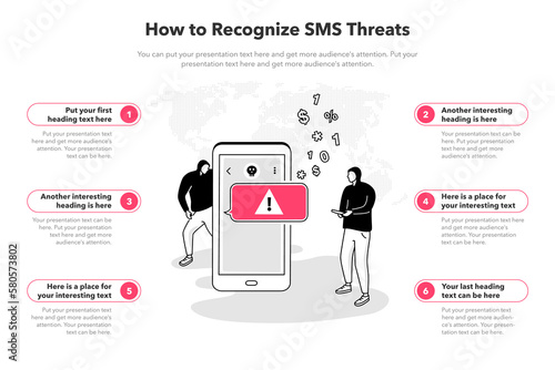 Simple infographic template for how to recognize sms threats. 6 stages template with two hackers and an incoming SMS message.