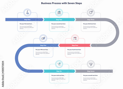 Business process template with seven steps. Creative diagram divided into five steps with minimalistic icons.