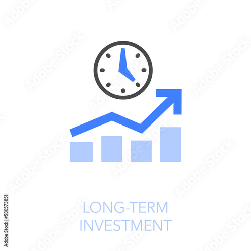 Simple visualised long term investment icon symbol with a growing chart and a clock.