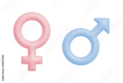 Male and Female Symbols Isolated on a White Background. Pastel Pink and Light Blue 3D rendered Gender Signs. Simple Vector Illustration with Heterosexual Couple Symbols. 