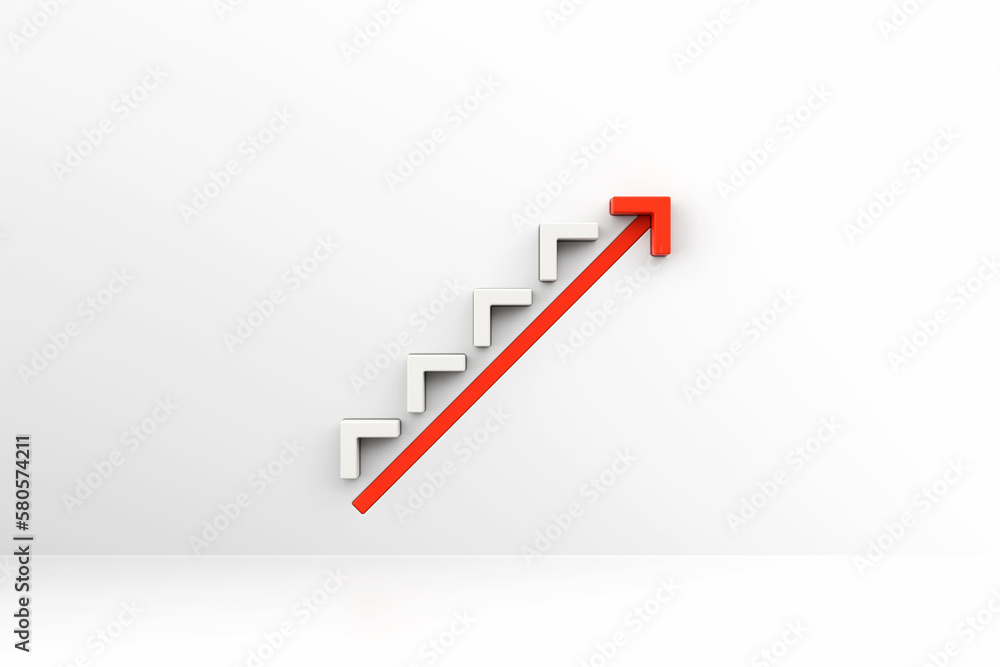Red arrow with white stair on white wall background, 3D arrow climbing up over a staircase , 3d rendering Red arrow with white stair on white wall background, 3D arrow climbing up over a staircase , 3d rendering