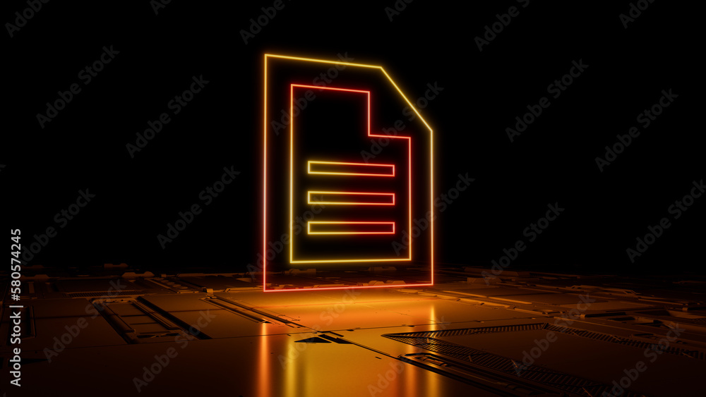 © RocknRoller Studios - Orange and Yellow Word document Technology Concept with document symbol as a neon light. Vibrant colored icon, on a black background with high tech floor. 3D Render