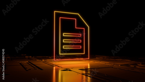 Orange and Yellow Word document Technology Concept with document symbol as a neon light. Vibrant colored icon, on a black background with high tech floor. 3D Render