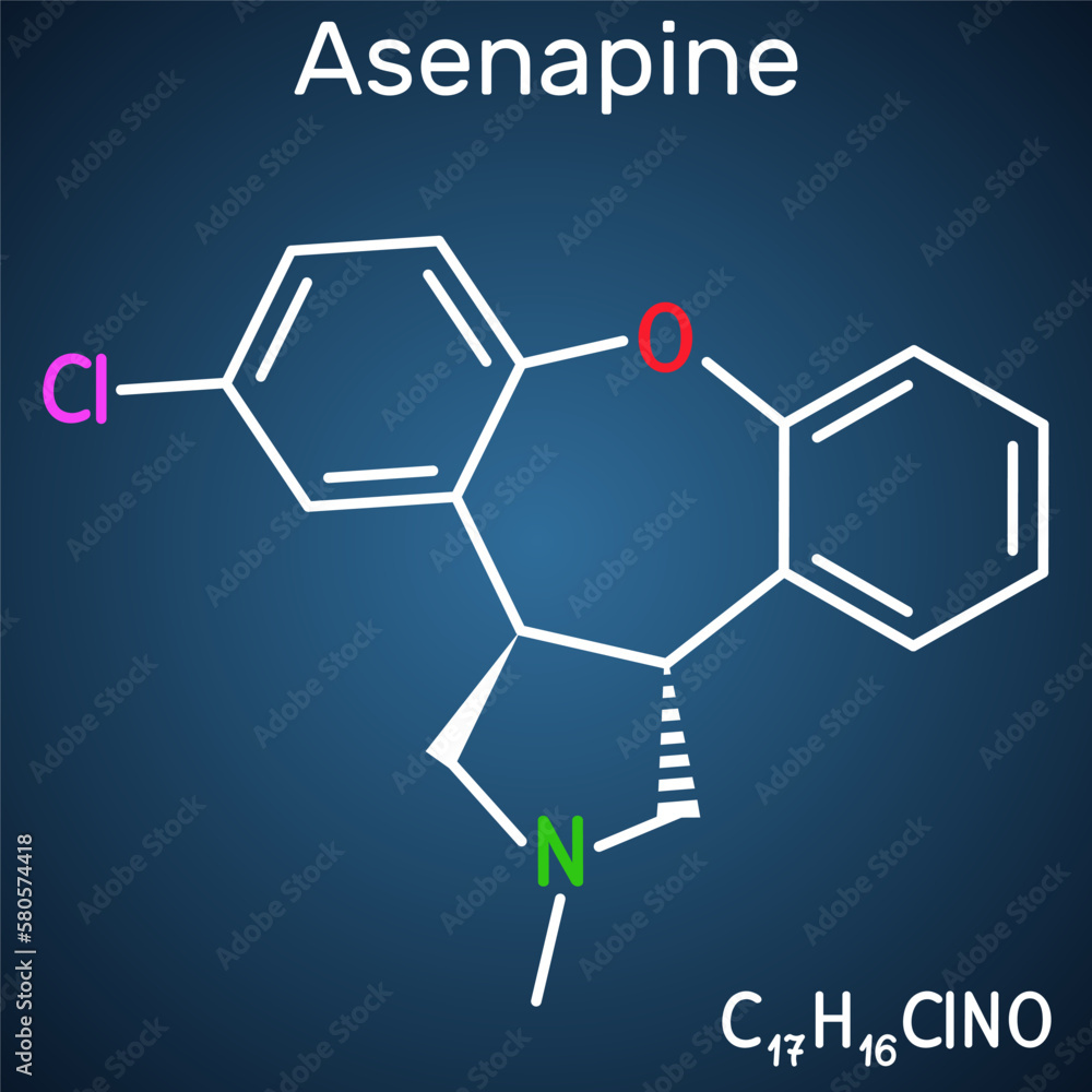Asenapine molecule. It is atypical antipsychotic, used to treat bipolar disorder and schizophrenia. Structural chemical formula on the dark blue background.