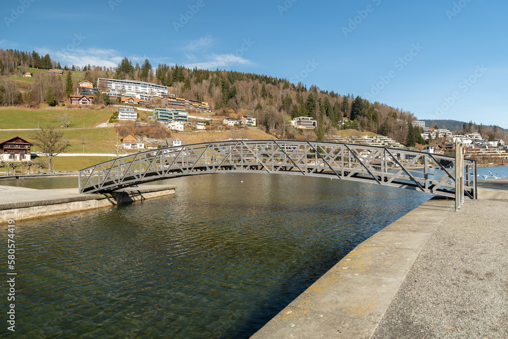 Small bridge at the lake Aegerisee in Switzerland