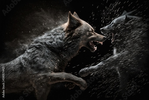 A black wolf fighting on a black background. Generative AI