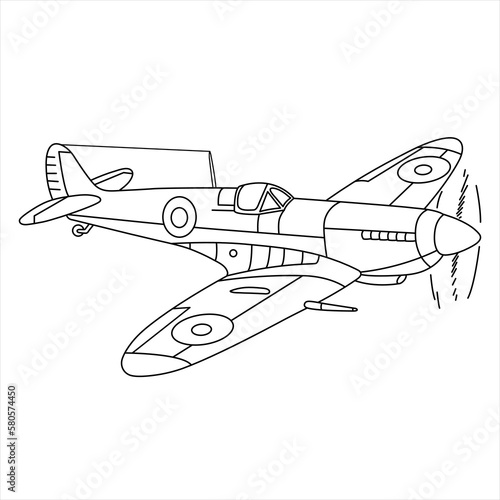Aircraft Supermarine Spitfire MK 1 WWII Fighter Coloring Page. Black And White Illustration Line Drawing. Vintage War Plane. Cartoon Airplane