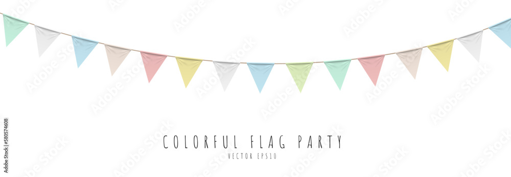 Colorful pastel color triangle 3D flag party with rope isolated on white  background, decoration element, Vector illustration Stock Vector