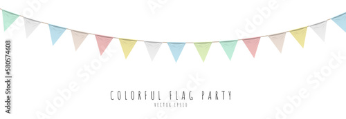 Colorful pastel color triangle 3D flag party with rope isolated on white background, decoration element, Vector illustration