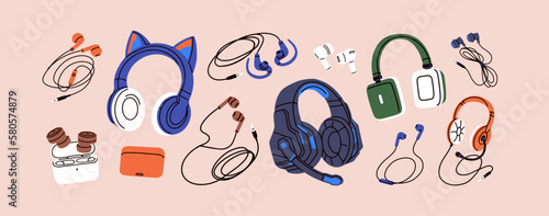 Headphones, earphones, earbuds in case set. Sound headsets, big and small portable audio devices, wired and wireless music accessories, stereo gadgets with mic, cord. Isolated flat vector illustration