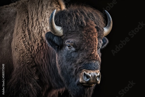 3 4 Portrait of an American bison with a black background. Generative AI