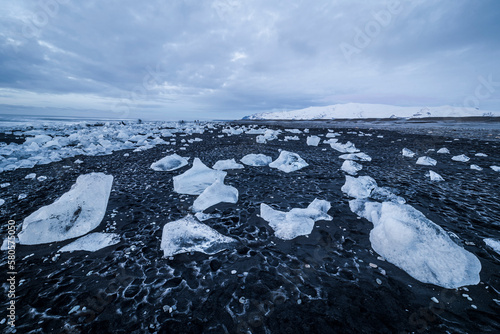 Diamond beach in the South coast of iceland with alot of white iceblocks on a black volcanic beach and snowy mountains in the background during a cloudy sunrise early morning. photo