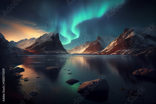 A stunning natural scene of the northern lights or aurora borealis over a Scandinavian fjord or mountain range. Generative AI technology.