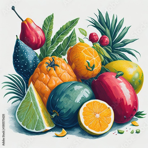 Juicy tropical fruits, citruses and leaves, grouped together, naturmort, still life, watercolor illustration on plain white background, AI Generated photo