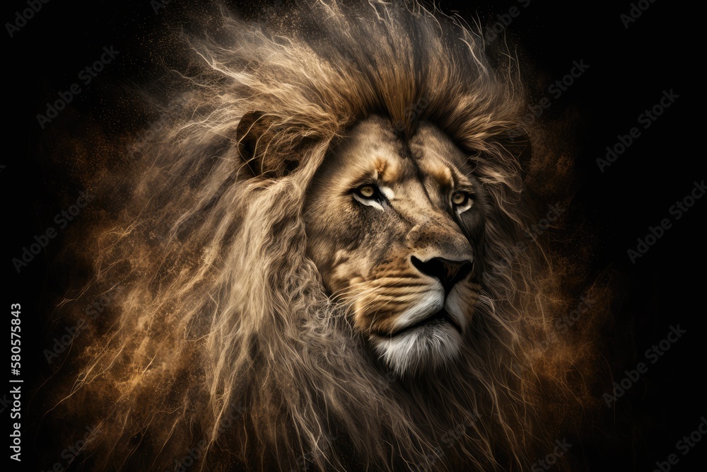 Portrait of a lion with a mane on top of its head. Generative AI