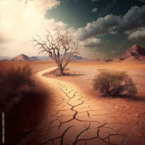 Dry landscape due to drought. Generative AI.