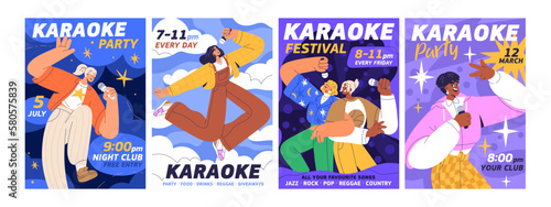 Karaoke, music party posters designs set. Vocal event, song festival, live concert in night club, flyers backgrounds templates. Vertical promotion banners with girls singing. Flat vector illustrations
