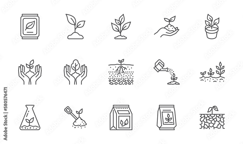 Plant growing line icons set. Spring growth stage, seeds, seedling, drought, soil testing, agriculture vector illustration. Outline signs for gardening. Editable Stroke - obrazy, fototapety, plakaty 