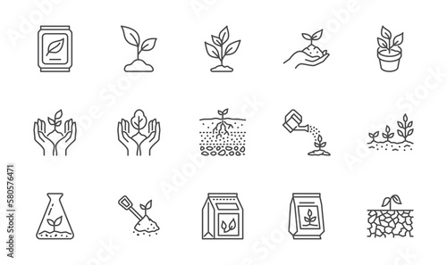 Plant growing line icons set. Spring growth stage, seeds, seedling, drought, soil testing, agriculture vector illustration. Outline signs for gardening. Editable Stroke