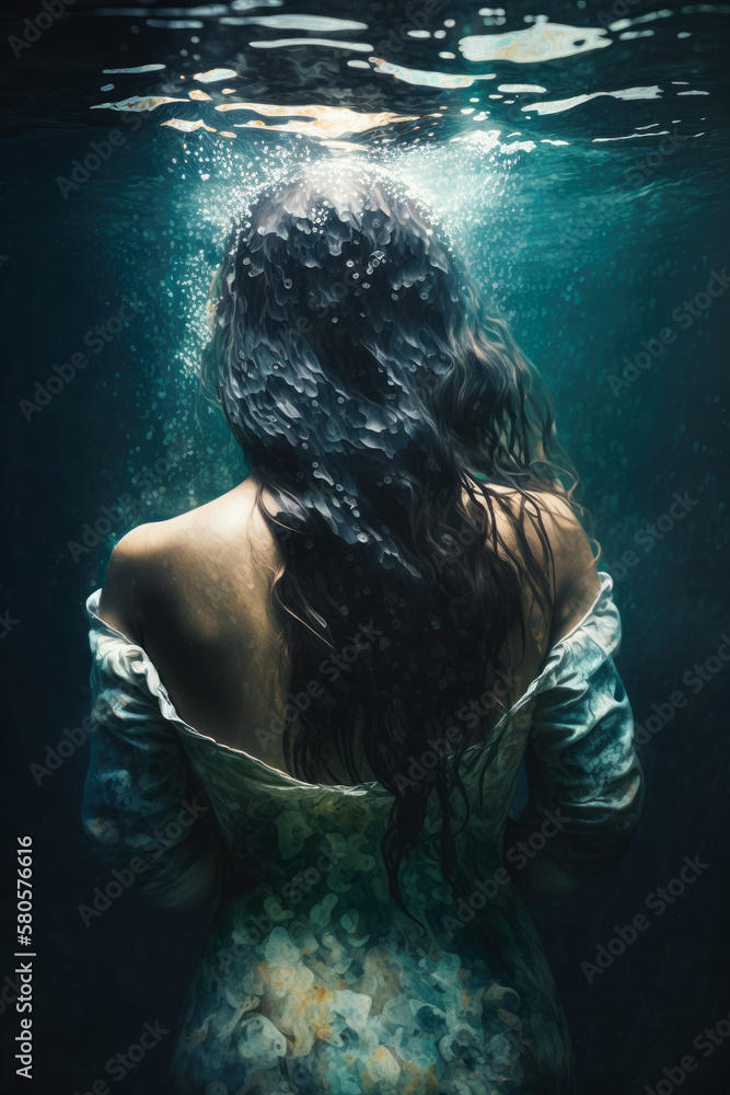 Back view of a girl in a dress under water. Generative AI