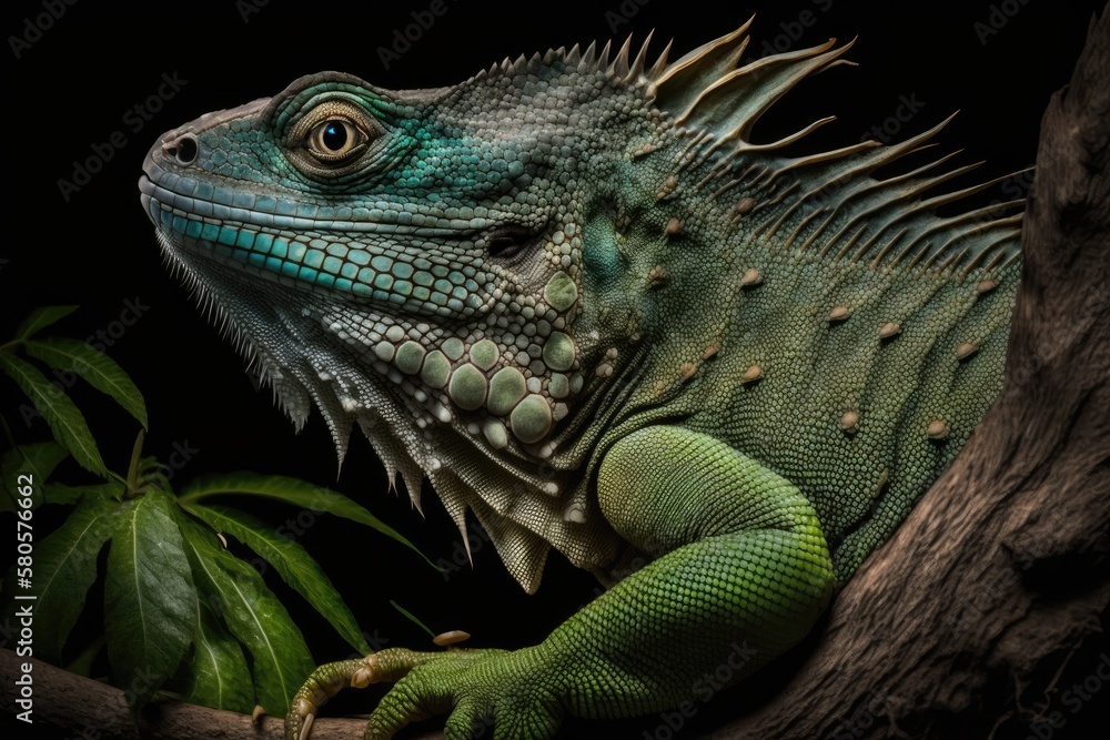 Close up picture of a green iguana sitting on a branch. Generative AI Close up picture of a green iguana sitting on a branch. Generative AI