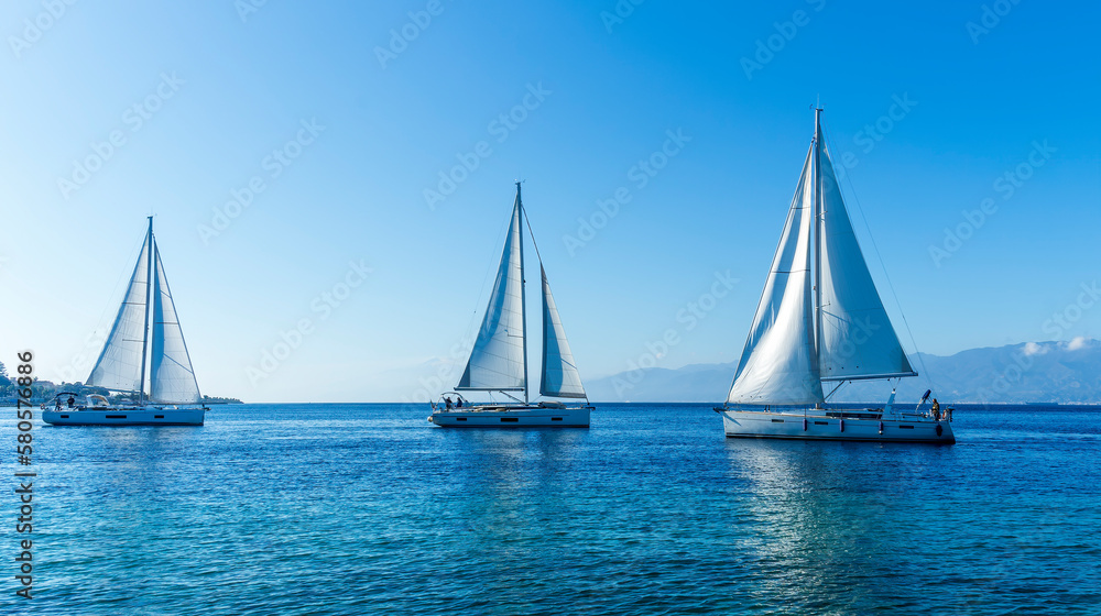 Naklejka premium boats and yachts at the sailing regatta on open water. Sailing on the wind waves in the sea.