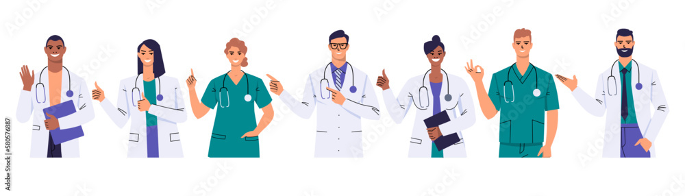 Group of medical workers. Team of doctors, nurses with different gestures. Thumbs up, Ok, greeting gesture, pointing with index fingers. Characters in white coats and scrubs isolated on white. Vector. Group of medical workers. Team of doctors, nurses with different gestures. Thumbs up, Ok, greeting gesture, pointing with index fingers. Characters in white coats and scrubs isolated on white. Vector.