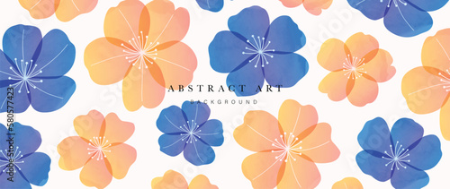 Abstract floral art background vector. Watercolor flowers with line art and blue flowers  orange flowers. Art design illustration for wallpaper  poster  banner card  print  web and packaging.