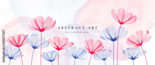 Abstract floral art background vector. Watercolor flowers with line art and blue flowers, pink flowers. Art design illustration for wallpaper, poster, banner card, print, web and packaging.