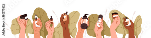 Hands holding cosmetic, natural green beauty products for skin care. Organic vegan essences, cream, lotion in bottle, serum in dropper. Flat graphic vector illustration isolated on white background