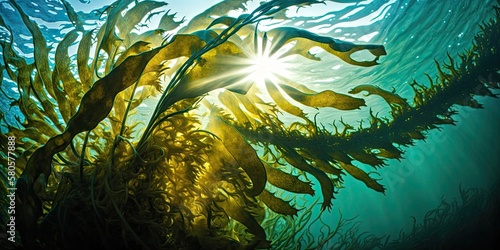 Large seaweeds in the water in the rays of sunlight. Generative ai.