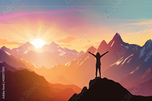 Silhouette of people with raised hands on top of a mountain in the rays of sunset. Generative ai.