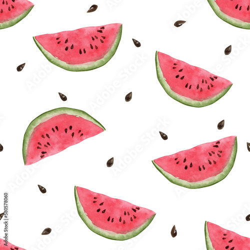 Fototapeta Naklejka Na Ścianę i Meble -  Seamless watermelons pattern.  background with watercolor watermelon slices.