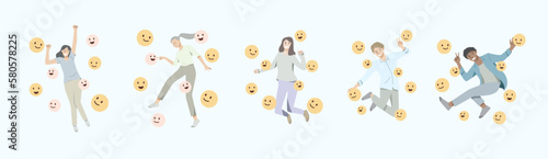 Happy people jumping or floating in air for joyful with smile icon.The concept of happiness, joy and success.Vector illustration.