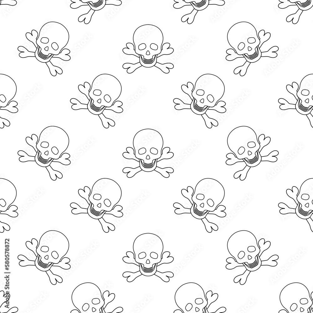 Skull and crossbones. Sketch. Repeating vector pattern. Pirate symbol seamless ornament. Part of the skeleton. Isolated background. Doodle style. Jaw with straight teeth. Hollows instead of eyes 