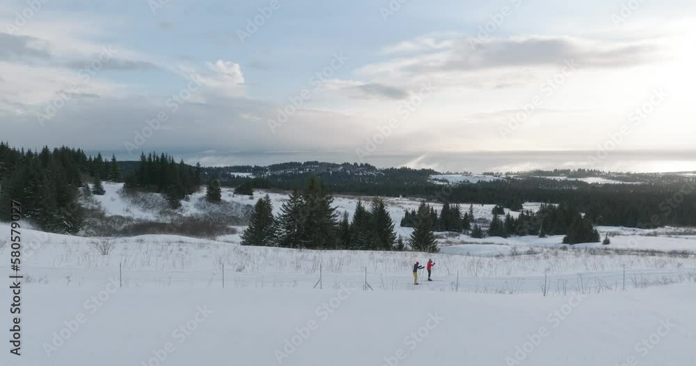 Two female friends, cross country skiing in Homer Alaska - DJI Drone
Two female friends, cross country skiing in Homer Alaska - DJI Drone
