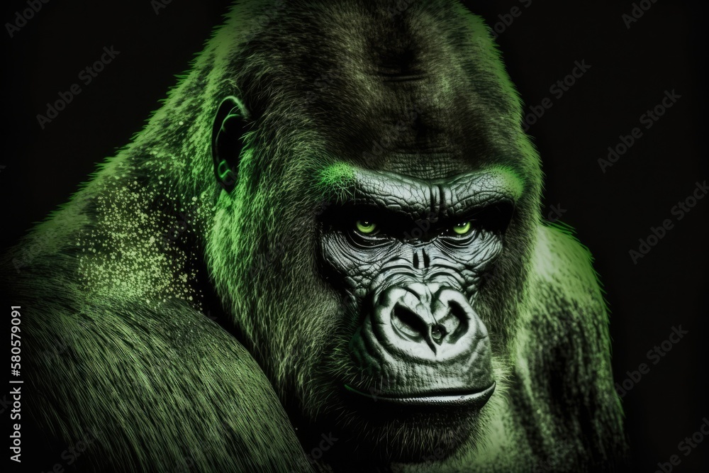 A head on picture of a young male gorilla on a green background. The little great ape will become the strongest and biggest monkey in the world of primates. Nature is wild and beautiful. Generative AI