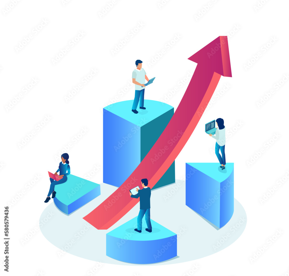 Vector of businesspeople standing on financial chart working to build a successful company