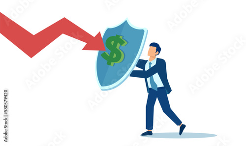 Vector of a business man with a shield with a dollar symbol protecting himself from bad economic times