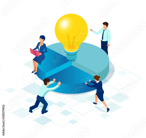 Vector of businesspeople with bright idea assembling financial chart