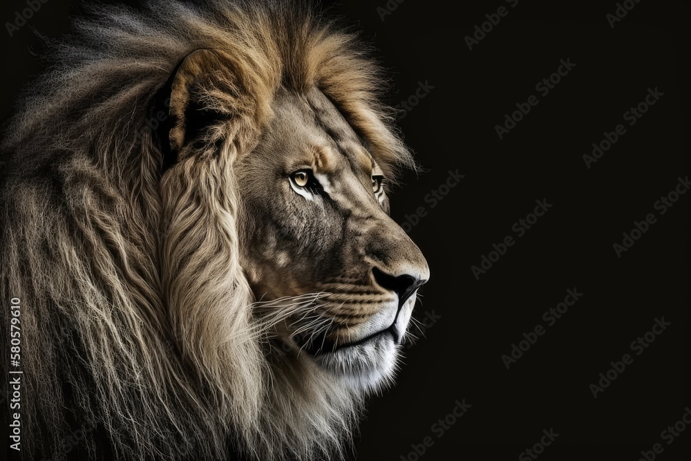 On a black background, there is a beautiful lion. Generative AI