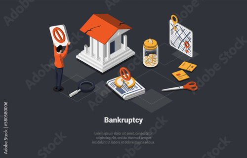 Financial Crisis, Default, Unemployment, Debts Bankruptcy. Bank Financial System Collapse, Devaluation, Unpaid Loan. Character Protest Against Rising Interest Rates. Isometric 3D Vector illustration