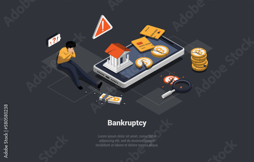 Financial Crisis, Default, Debts And Bankruptcy. Payment System Collapse, Unpaid Loan. Man Is Holding His Head In Front Of Broken Credit Card And Devaluation Coins. Isometric 3D Vector illustration