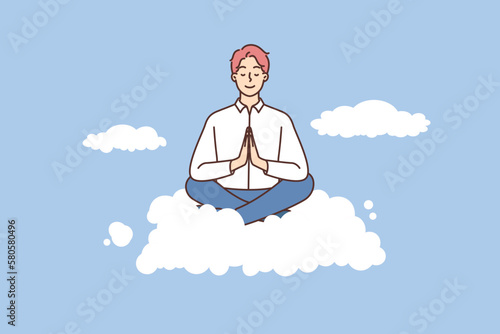 Calm businessman meditate on cloud 