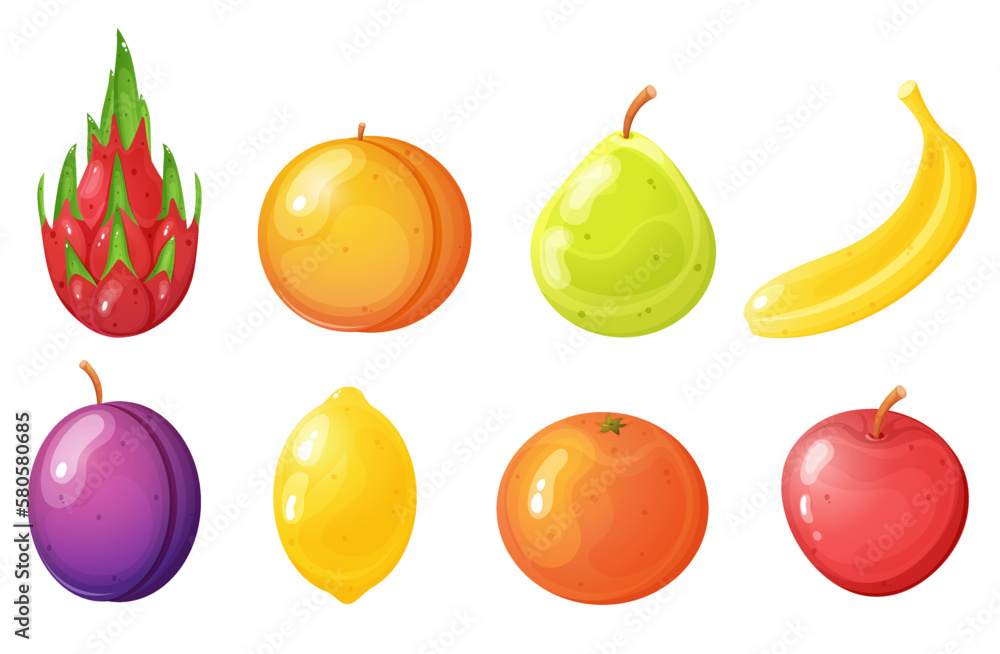 Cartoon style different fruits set. Game interface elements. Casino slot icons. Cartoon style different fruits set. Game interface elements. Casino slot icons.