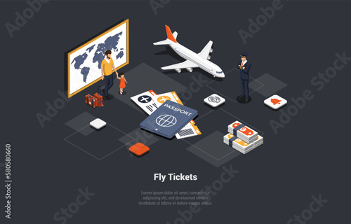 Fly Tickets Buy And Travelling by Plane Concept. Father And Daughter Ready For Airplane Boarding To Go On Vacations. Captain of Aircraft Meet Passengers Near Plane. Isometric 3d Vector Illustration