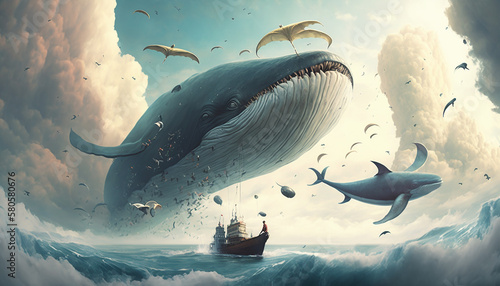 Fotografiet Illustration whales fly over clouds and cities